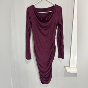 Maternity Bodycon cowl neck eggplant wedding guest dress long sleeve small